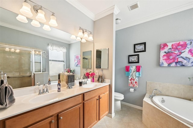 full bathroom with tile patterned flooring, toilet, ornamental molding, and independent shower and bath