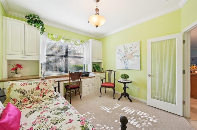 carpeted bedroom featuring crown molding