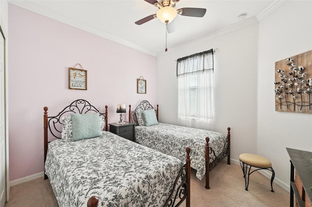 bedroom with ceiling fan, light carpet, and ornamental molding