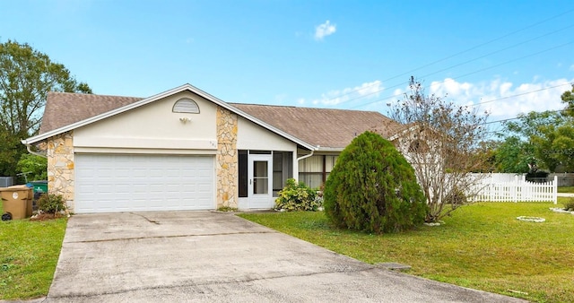 single story home with a front lawn and a garage