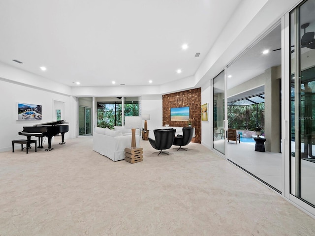 living room featuring light colored carpet