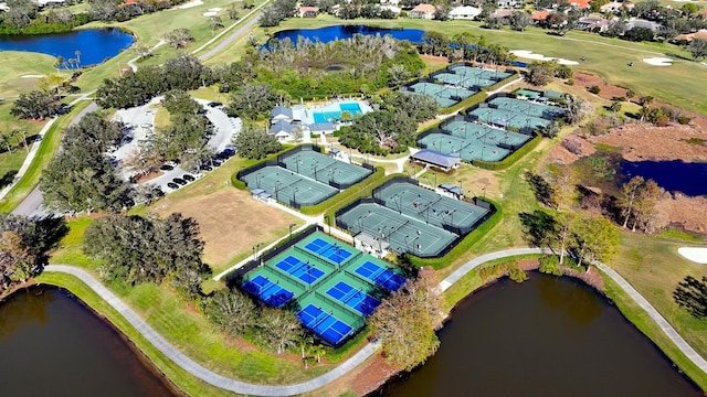 birds eye view of property featuring a water view