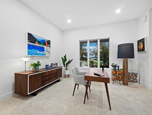 home office featuring recessed lighting and baseboards