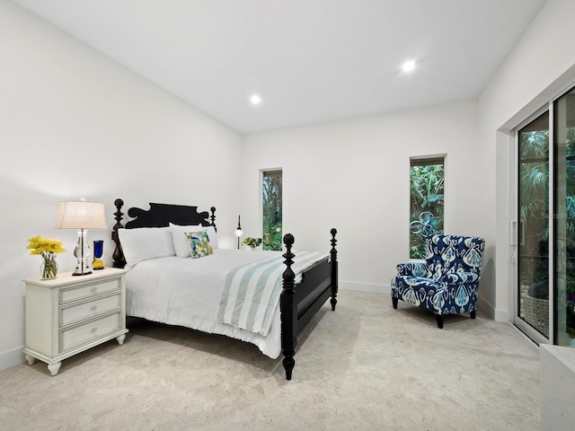 bedroom featuring recessed lighting, access to outside, baseboards, and light carpet