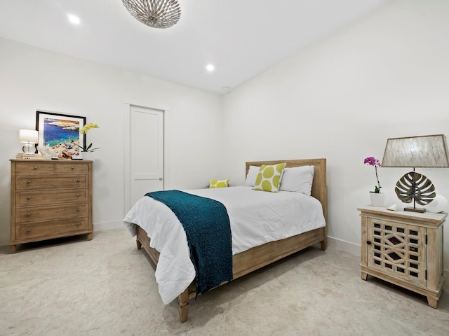 bedroom with recessed lighting, carpet floors, and baseboards