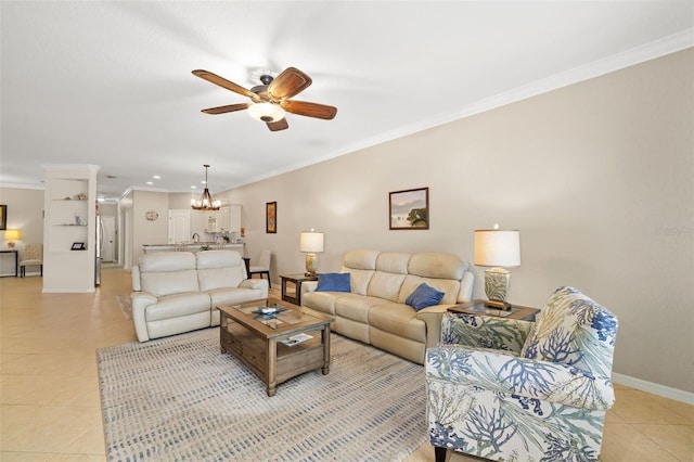 living room featuring crown molding, ceiling fan with notable chandelier, and light tile patterned floors