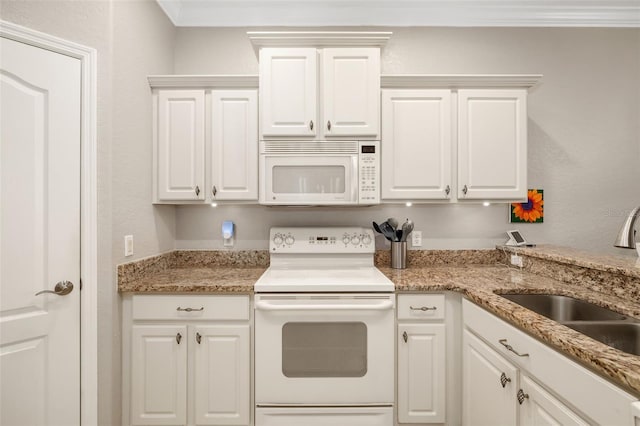 kitchen featuring white cabinetry, sink, crown molding, light stone countertops, and white appliances