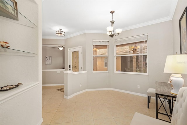 living area with light tile patterned floors, ornamental molding, ceiling fan with notable chandelier, and baseboards