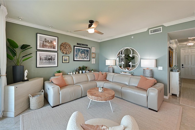 living room with crown molding, light tile patterned flooring, and ceiling fan