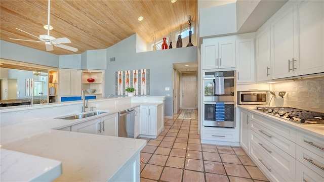 kitchen with sink, white cabinetry, wood ceiling, stainless steel appliances, and decorative backsplash