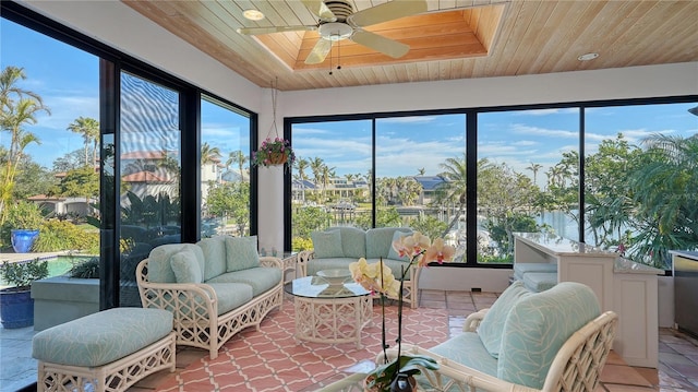 sunroom with wooden ceiling and ceiling fan