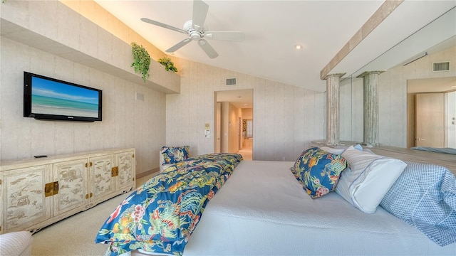 bedroom featuring vaulted ceiling, ceiling fan, and carpet