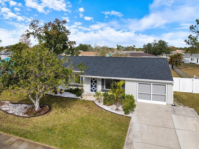 single story home with a garage and a front lawn