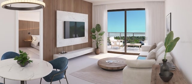 living room featuring wooden walls