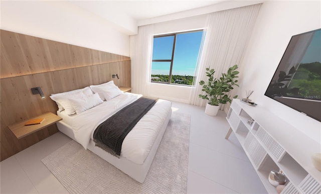 bedroom with light tile patterned floors and wood walls