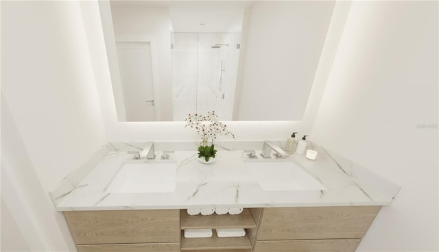 bathroom featuring a shower and vanity