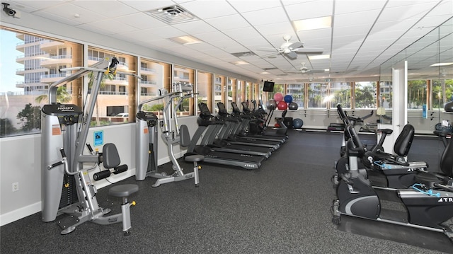 gym with a wealth of natural light, ceiling fan, and a paneled ceiling