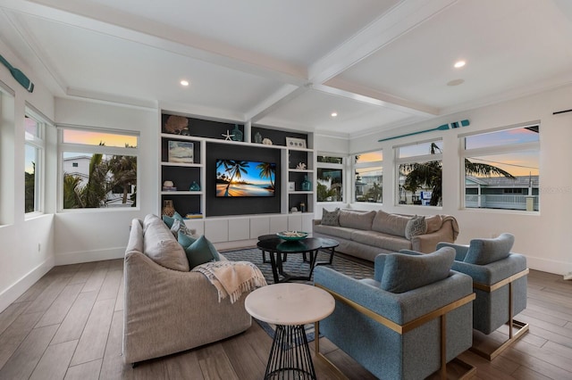 living room featuring beam ceiling and wood-type flooring