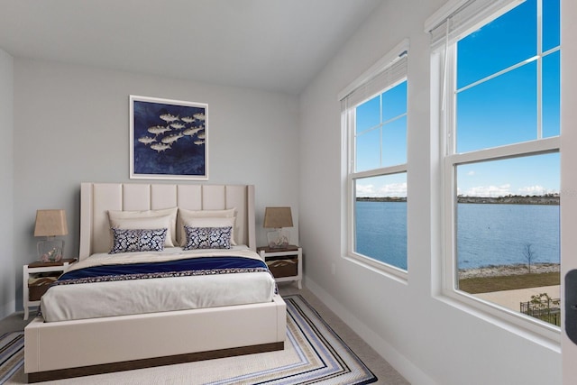 bedroom with multiple windows, carpet, and a water view