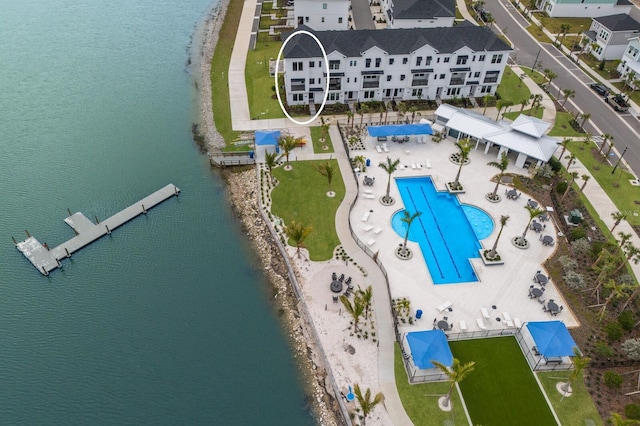 aerial view featuring a water view