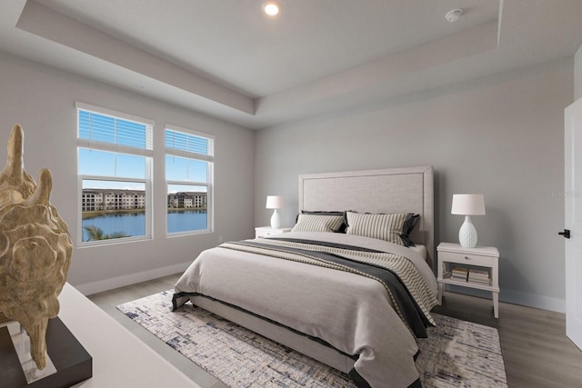 bedroom featuring wood-type flooring, a water view, and a tray ceiling