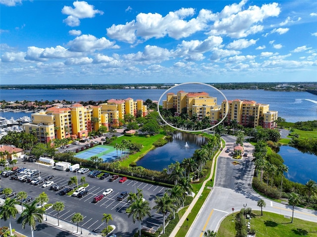 bird's eye view with a water view