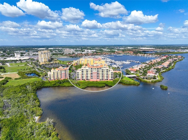 bird's eye view with a water view