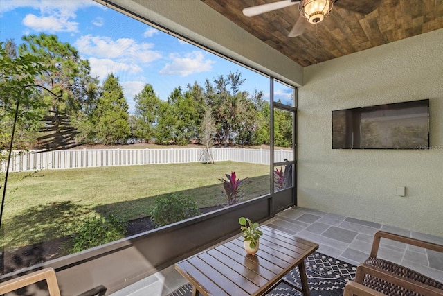 sunroom featuring ceiling fan and wood ceiling