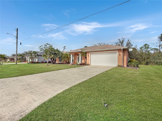 ranch-style house featuring a front lawn and a garage