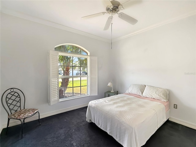 bedroom featuring ceiling fan and ornamental molding