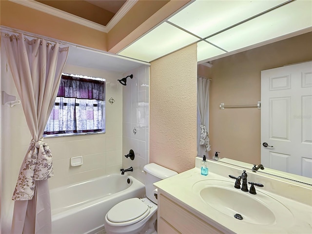 full bathroom featuring toilet, vanity, shower / bath combination with curtain, and ornamental molding