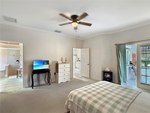 bedroom featuring access to outside, light colored carpet, ceiling fan, and crown molding