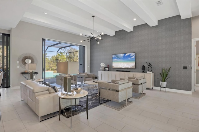 tiled living room with a notable chandelier and beamed ceiling