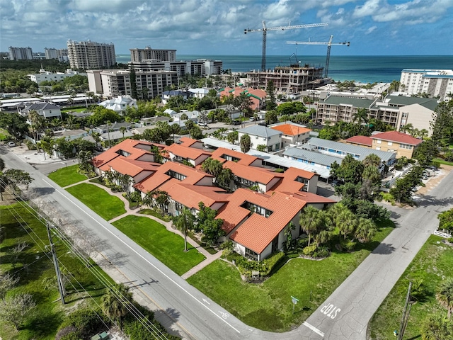 bird's eye view with a water view