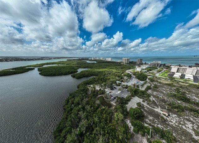 drone / aerial view with a water view