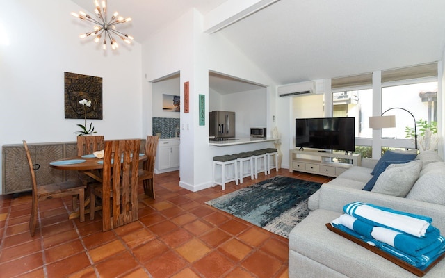 living area featuring a chandelier, high vaulted ceiling, an AC wall unit, tile patterned floors, and beamed ceiling