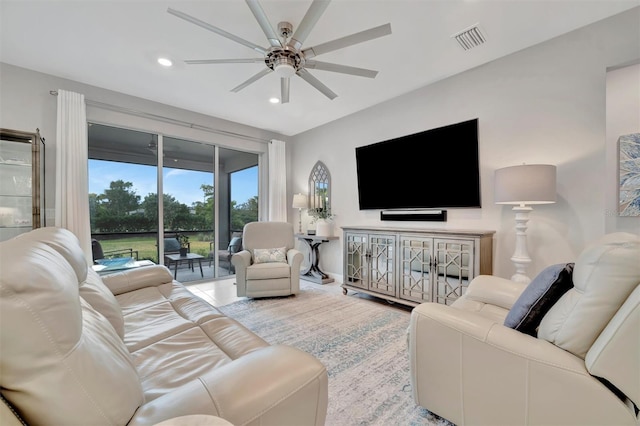 living room featuring ceiling fan