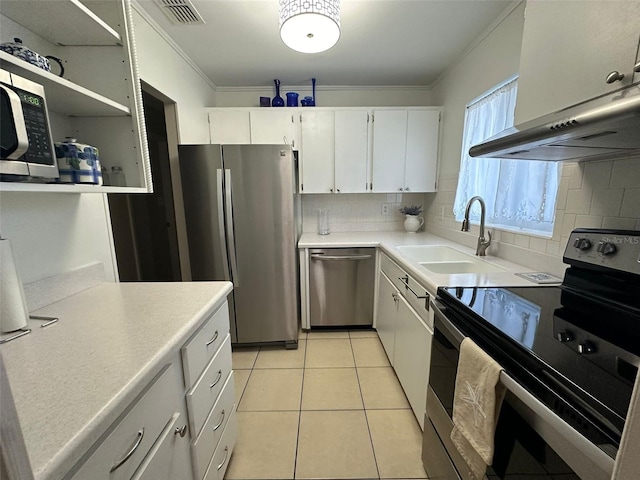 kitchen featuring white cabinetry, sink, stainless steel appliances, tasteful backsplash, and light tile patterned flooring