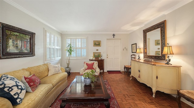 living room featuring dark parquet floors and ornamental molding