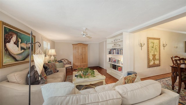 living room featuring parquet flooring, built in features, ceiling fan, and ornamental molding