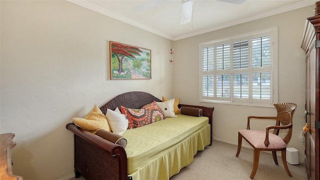 bedroom featuring light carpet, ceiling fan, and ornamental molding