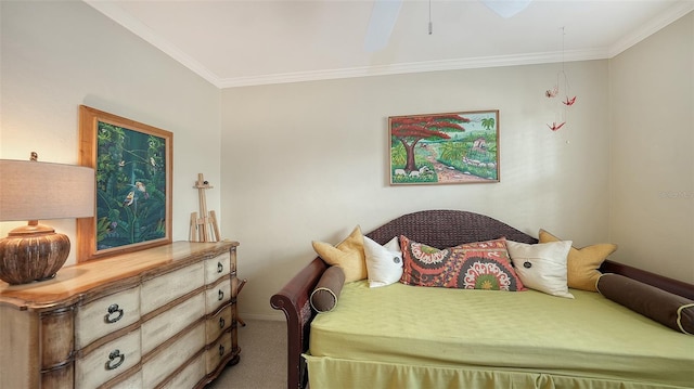 carpeted bedroom with crown molding