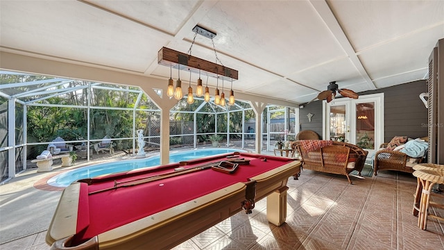 game room featuring ceiling fan, a healthy amount of sunlight, and pool table