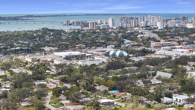 bird's eye view with a water view