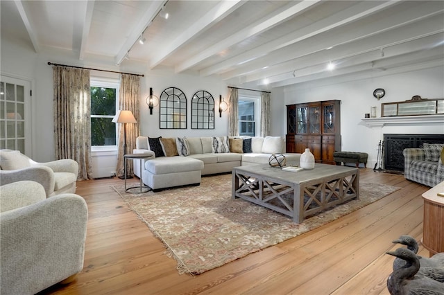 living room with track lighting, light hardwood / wood-style floors, and beamed ceiling