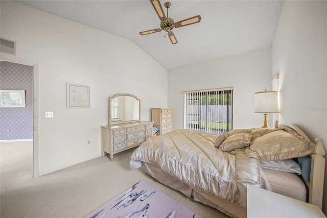 bedroom with carpet flooring, access to exterior, ceiling fan, and vaulted ceiling