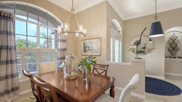 dining room featuring light tile patterned flooring, an inviting chandelier, and a wealth of natural light