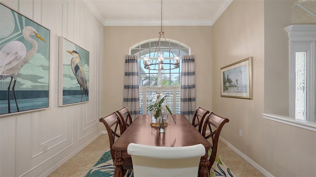 dining space featuring an inviting chandelier, light tile patterned floors, and crown molding