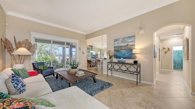 tiled living room featuring ornamental molding