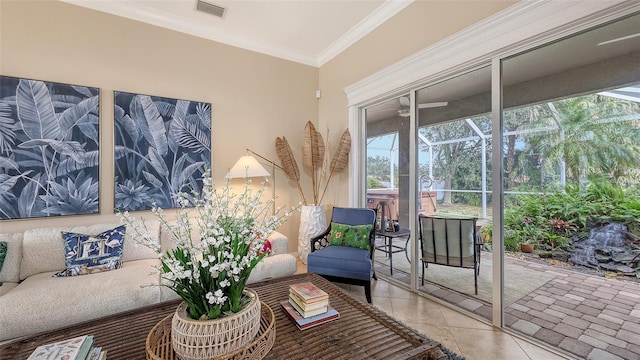 interior space featuring tile patterned floors and crown molding